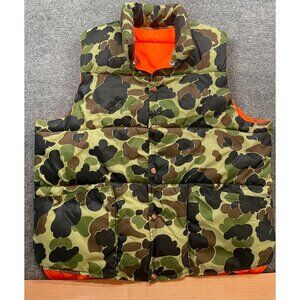 Vintage Camouflage & Orange Reversible Puffer Vest  Men’s L Hunting Fishing Fall